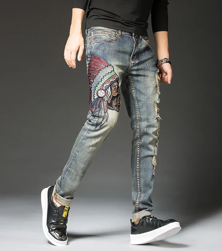 

Patchwork Distressed Embroidery Indian Men's Slim Jeans Casual Long Pants Ripped Denim Jeans For Man Size 28-38