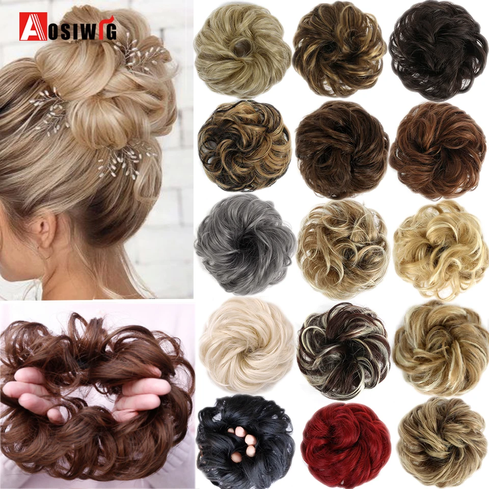 

AOSIWIG Synthetic Short Curly Messy Hair Bow Hair Chignons Elastic Hair Rope Natural Fake Hair Bun Clip In Hair Extensions