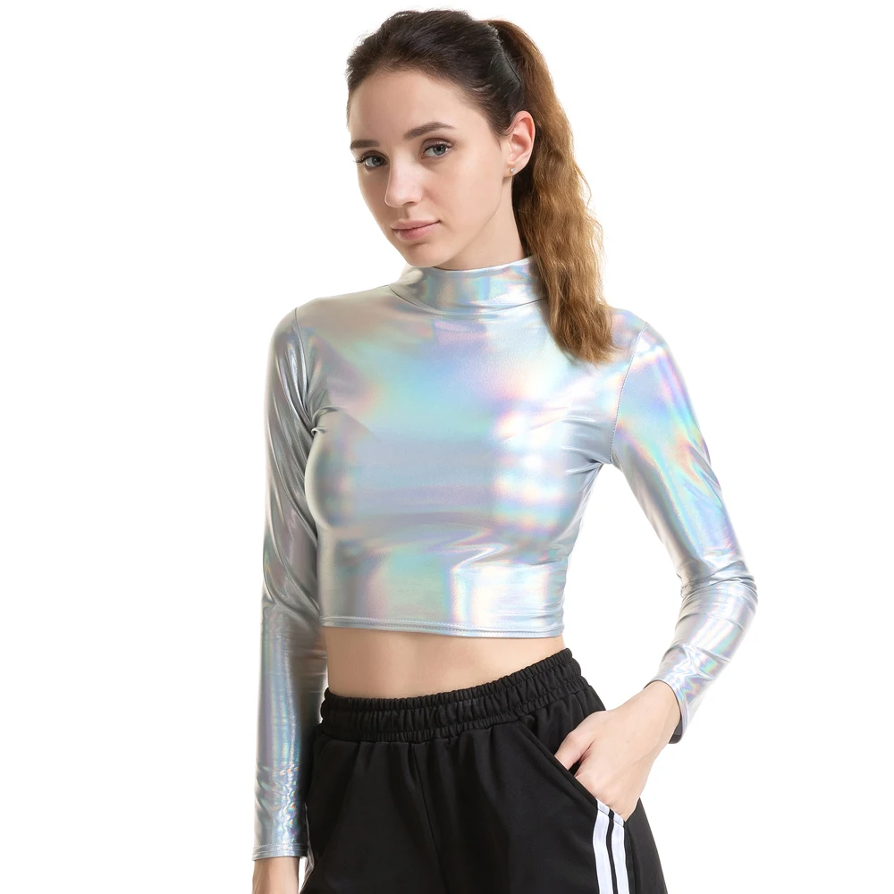 Women Metallic Liquid Turtleneck Long Sleeve Crop Top for Rave Club Dance Wet Look Short Holographic T-shirt Cropped Top