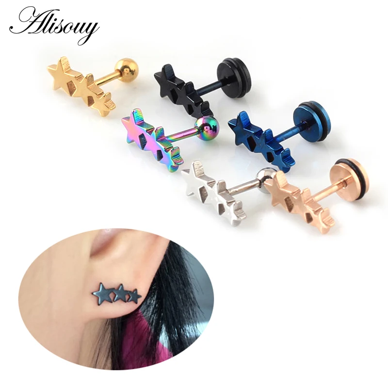 2pcs Stainless Steel Three Triple stars Cartilage Piercing Men Women Stud Earrings