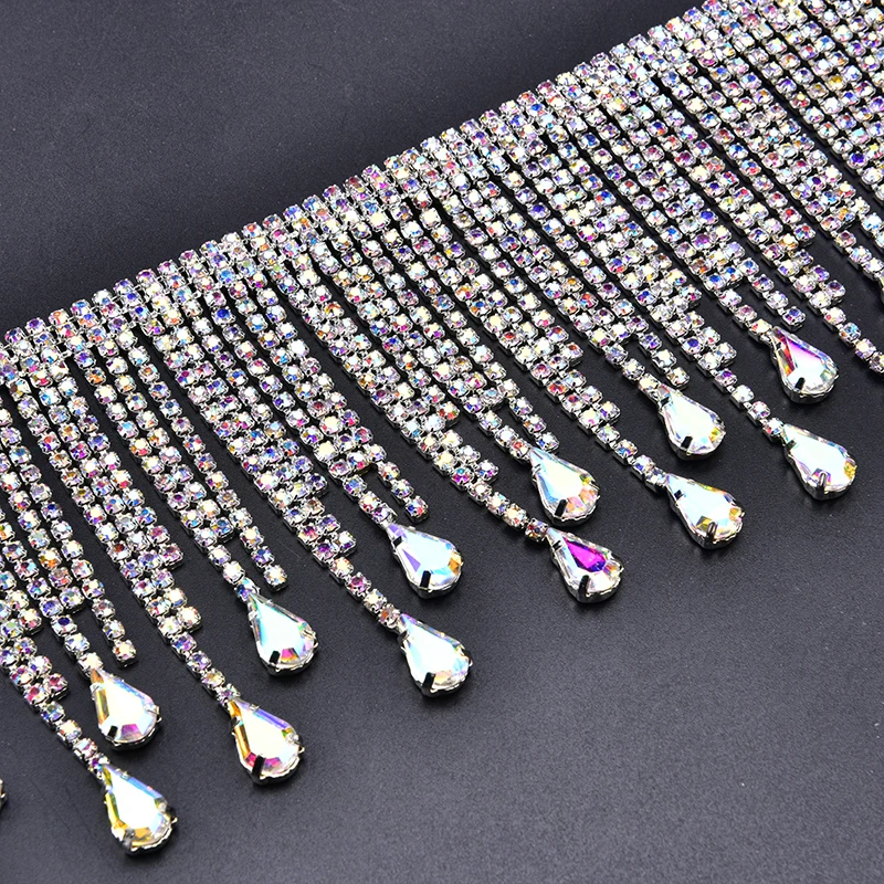 90cm/45cm/Lot Glitter Clear Glass Rhinestone Trim Tassel Fringe Metal Strass Chain Ribbon Crystal Applique Banding for Crafts