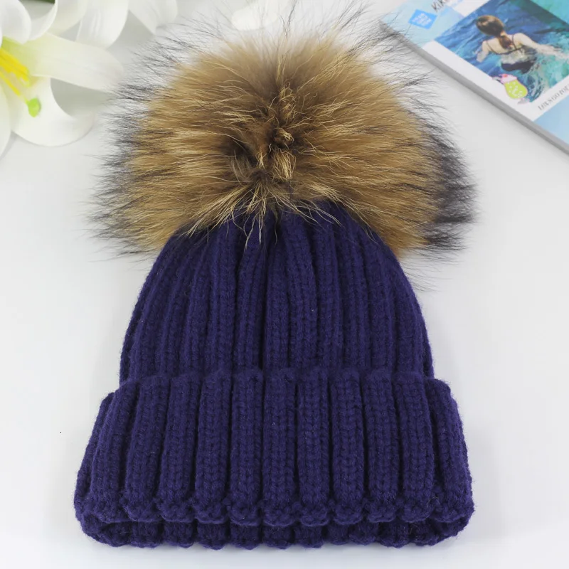 mink and fox fur ball cap pom poms winter hat for women girl \'s hat knitted beanies cap brand new thick female cap 50-54-60CM