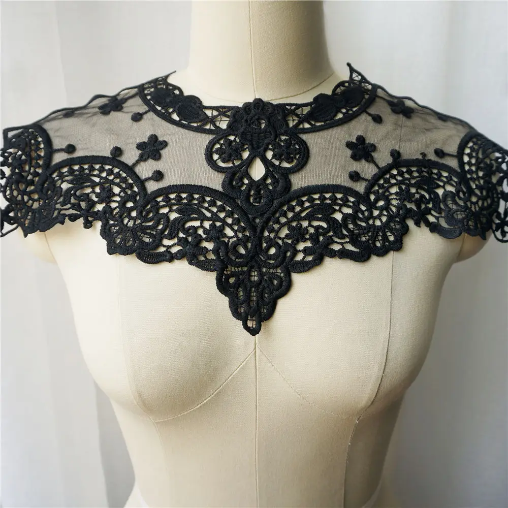 Black White Beige Green Embroidered Flower Lace Collar Mesh Appliques Gothic Maid Wear Vintage Sew Patch For Wedding Dress DIY