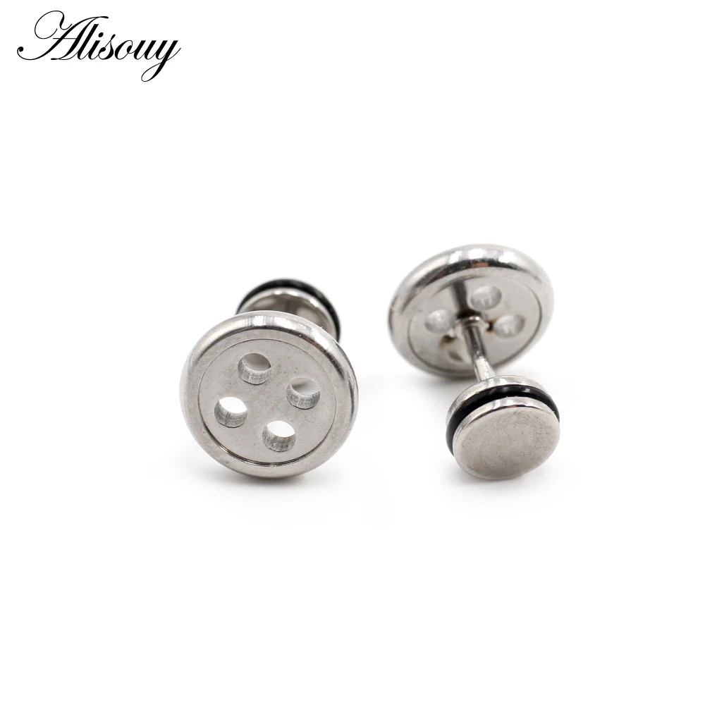 Alisouy 2pcs New Unisex Gothic Punk Rock Barbell Stainless Steel Buttons Screw Women Men Ear Stud Earrings Piercing Body Jewelry