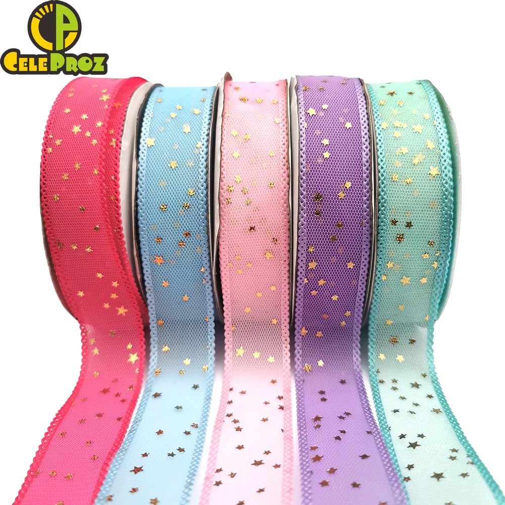 25mm Organza Ribbon Golden Star Stamped Tulle Tape With Sewing Edges 20yards Yarn Film DIY Bowknot Material Baking Giftbox Wrap