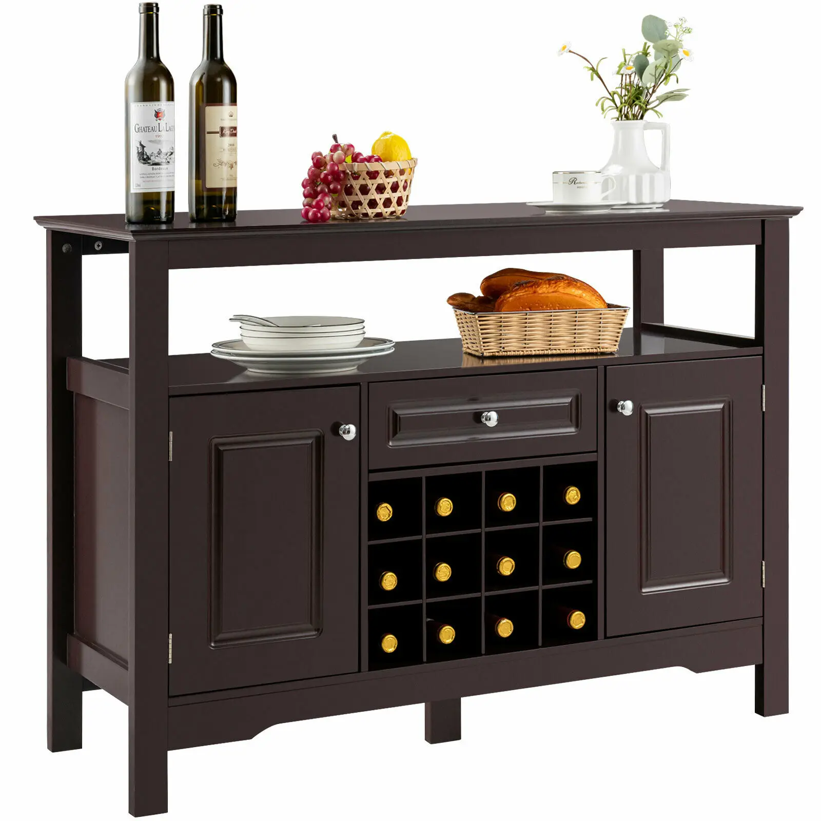 Costway Storage Buffet Sideboard Table Kitchen Sever Cabinet Wine Rack Brown