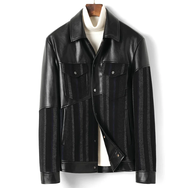 

2021 New High Quality Mens Slim Stitching Leather Stripes Jacket Fashion Faux Leather Coat Autumn Winter Street Casual Outwear