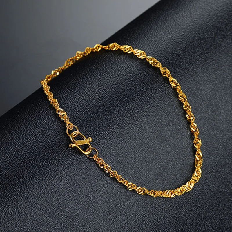 

Real 24K Yellow Gold Bracelet For Women Thin Singapore Link Chain Bracelet 16-20cmL