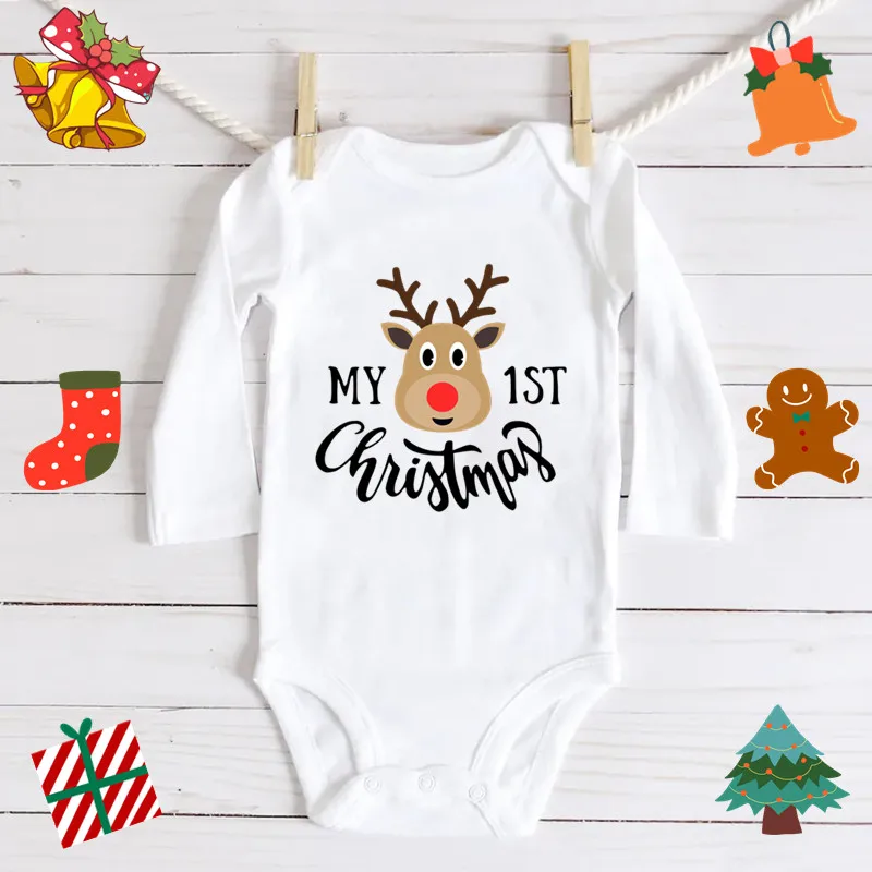 My First Christmas Long Sleeve Bodysuit For Baby Boys Girls Clothes Cute Reindeer Print Christmas Clothes For Baby Girl