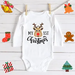 My First Christmas Long Sleeve Bodysuit For Baby Boys Girls Clothes Cute Reindeer Print Christmas Clothes For Baby Girl