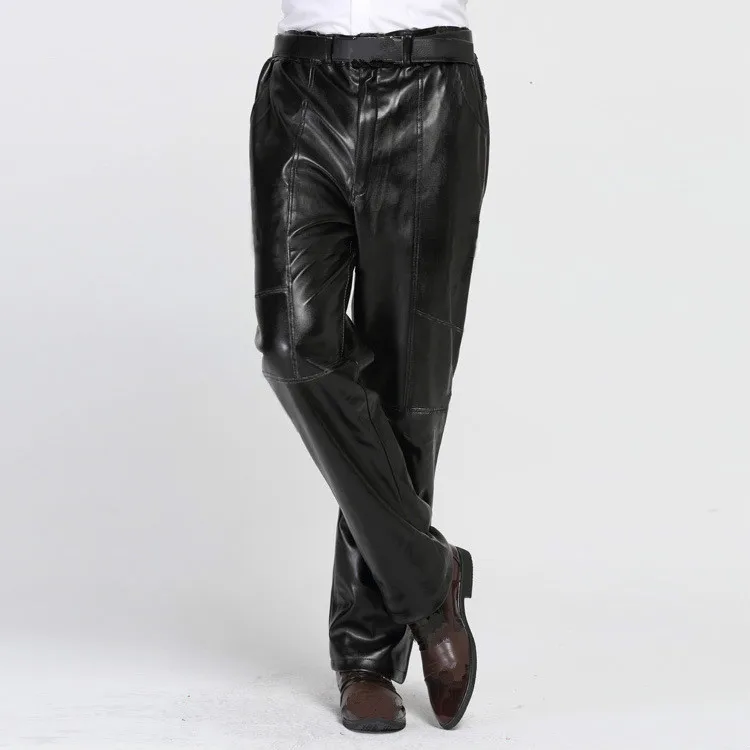 Winter Hot Trousers Male Black Motorcycle Pants PU Leather Plus Size Fluffy Thick Warm Long Casual Faux Leather Moto Bike Pants