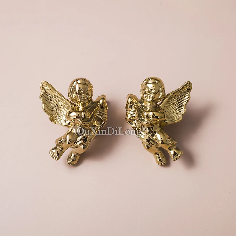 HOT 2Pairs Pure Brass Romantic Little Angel Furniture Handles Drawer Pulls Cupboard Wardrobe Kitchen Shoe Cabinet Pulls Handles