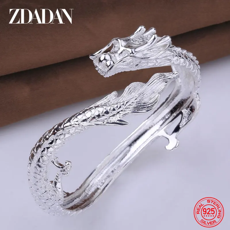 ZDADAN 925 Sterling Silver White Dragon Open Cuff Bracelet&Bangles For Women Fashion Jewelry Wedding Gifts