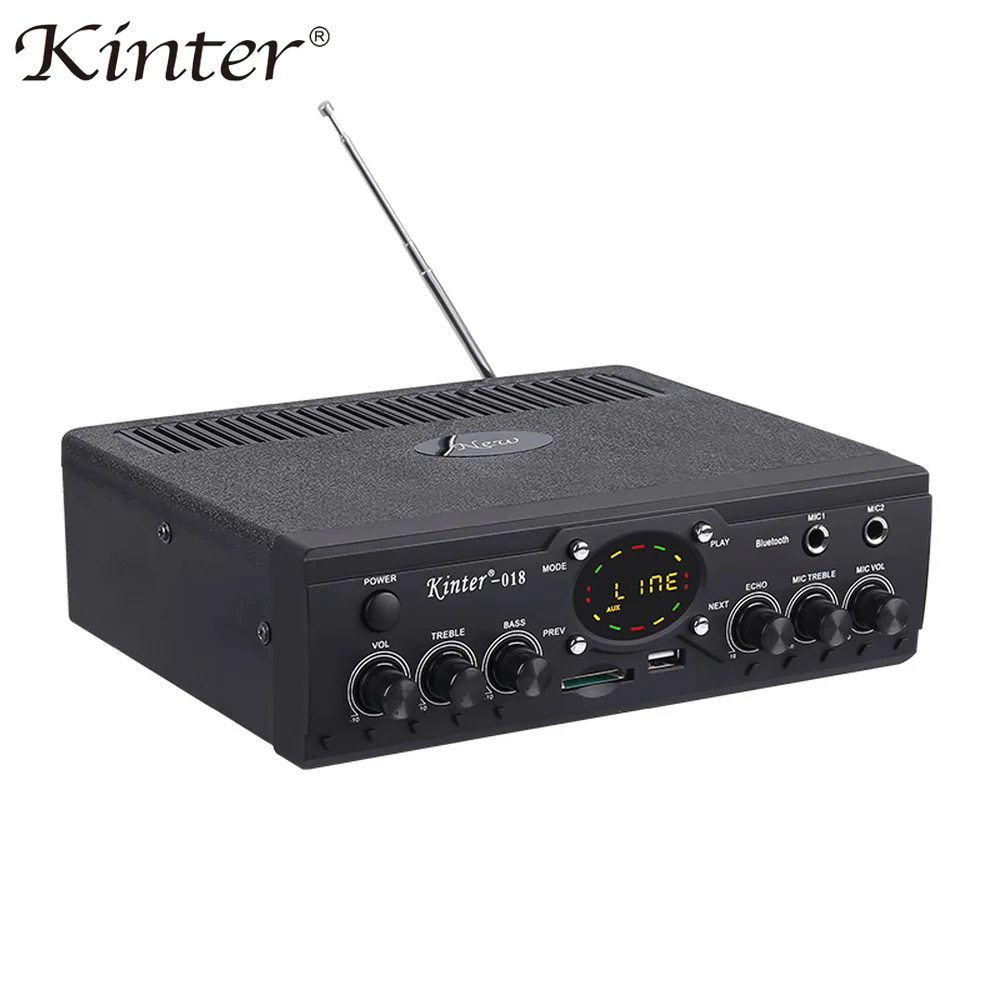 

KINTER-018 Audio Amplifier, 12V/100-240V HiFi Stereo 2 Channel Power Amplifiers, Treble Bass Amplifier with USB SD Bluetooth FM