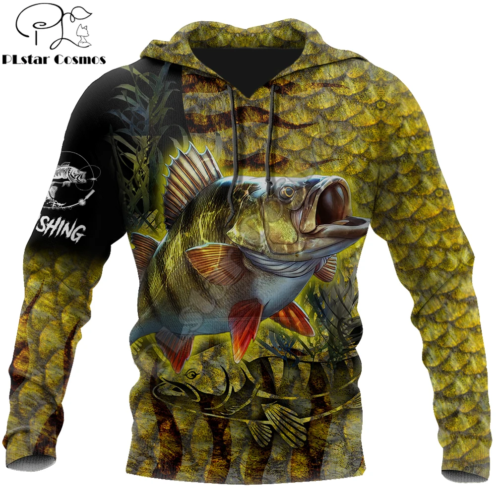 Sudadera con capucha de perca amarilla para hombre, ropa de calle Harajuku con cremallera y estampado 3D, chándales casuales Unisex, pesca en piel, KJ0158