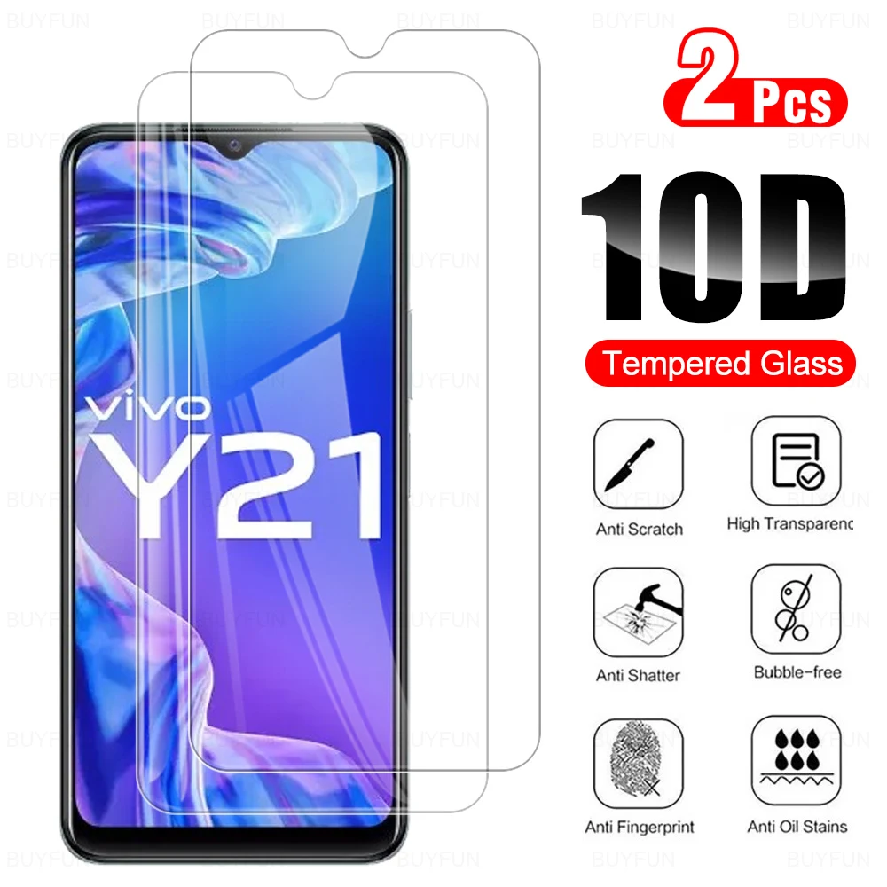 2Pcs 10D กระจกนิรภัยสำหรับ Vivo Y21 Clear ป้องกันสำหรับ Vivo Y21 Vivi Y 21 21Y 6.51 "หน้าจอป้องกันฟิล์ม