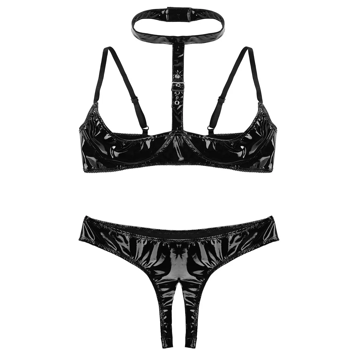 Women Latex Hot Sexy Lingerie Set Patent Leather Erotic Porn Underwear Push Up Open Cups Bra Tops with Crotchless Briefs Panties