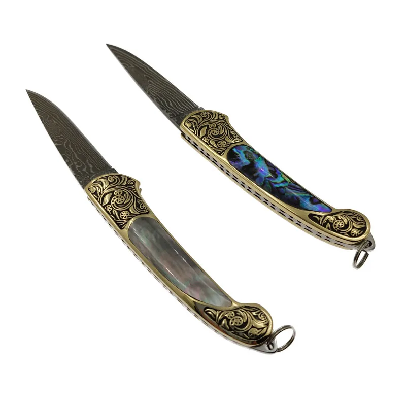 Tasca a lama in acciaio di damasco fatta a mano di grandi dimensioni bellissimo coltello pieghevole in ottone giallo + coltello multiuso con manico a conchiglia di Abalone