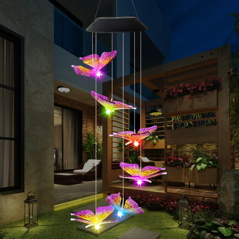 LED Solar Wind Chime Light Butterfly Style Outdoor Waterproof Garden Garland Hanging Lights Christmas Holiday Decor Solar Lamp