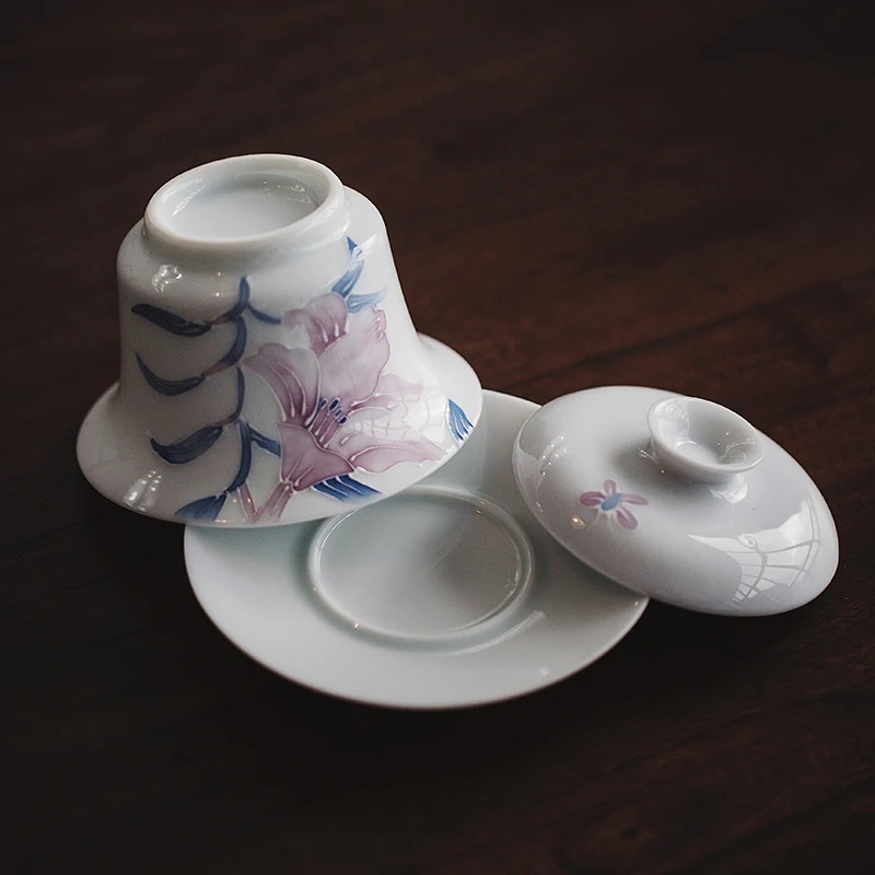 ★of the jingdezhen to have three field burning hand-painted lily to tureen kung fu tea set manually tureen tea bowl