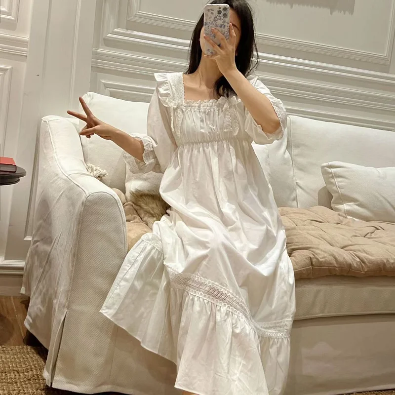 New  Elegant Sweet Cotton Long Nightgowns For Women Long Sleeve Vintage Embroidery Nightshirts Comfortable Night Dress