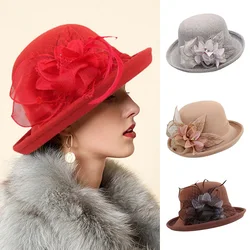 2021 Women Warm Wool Felt Flowers Hat Ladies Wide Brim Hat Autumn Winter Noble Elegant Girls Fashion Party Cap Decoration