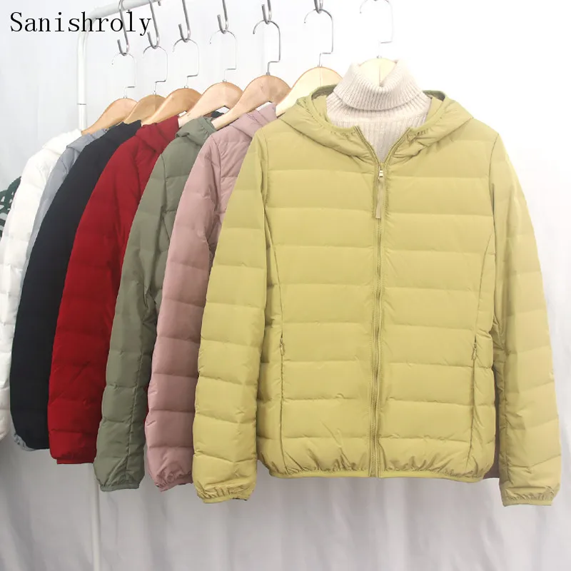 

2022 Autumn Winter Women Hooded 90% White Duck Down Jacket Parkas Female Ultra Light Thin Down Coat Short Puffer Outwears Tops