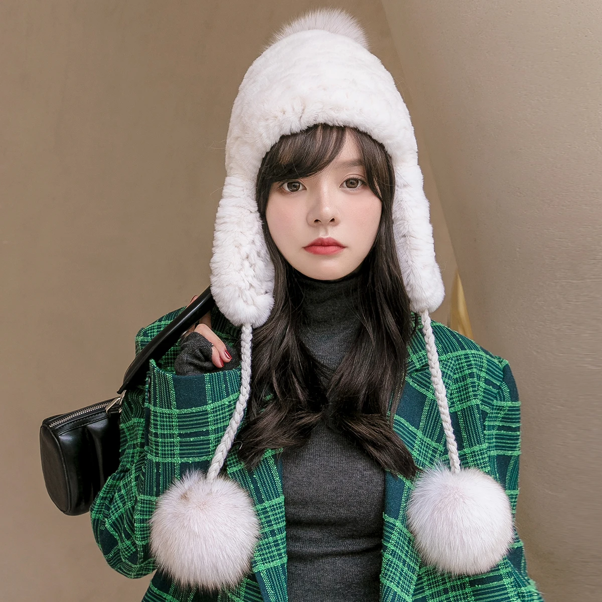 Real Rex Rabbit Fur Hat with Earflap White Winter Warm Caps with Genuine Fox Fur Pompom