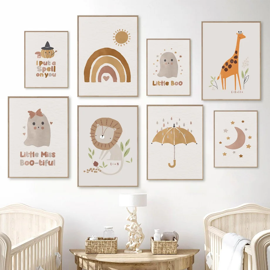 

Cartoon Boho Lion Giraffe Umbrella Rainbow Nursery Wall Art Print Canvas Painting Animals Poster Wall Pictures Kids Room Decor