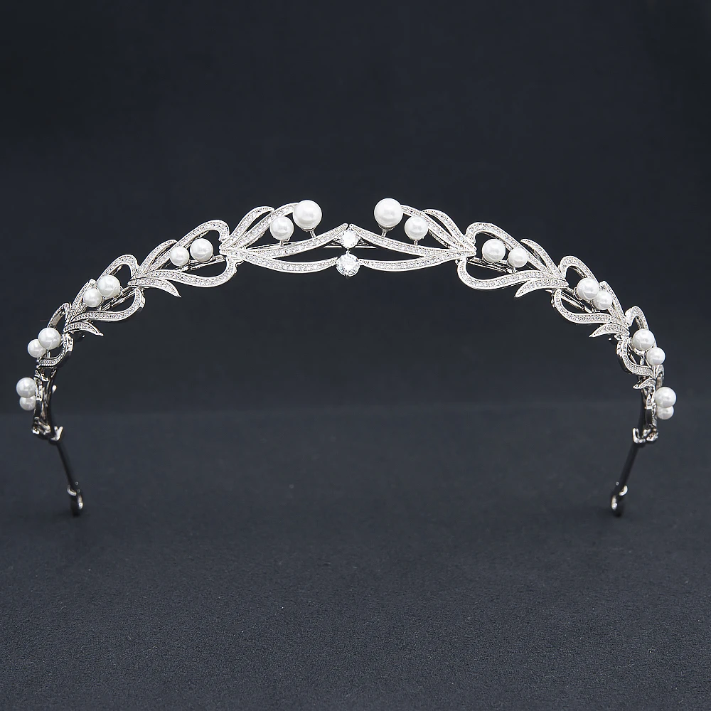 

CZ Cubic Zirconia Pearls Tiara for Wedding,Leaves Headband for Girl,Prom,Party Headpiece CH10399