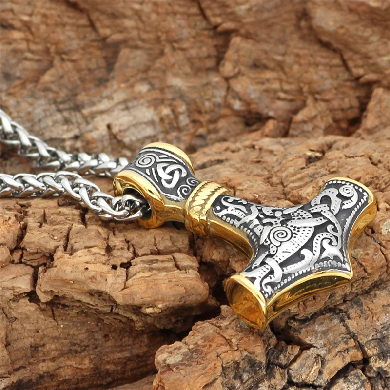 Punk Edelstahl Nordische Wikinger Amulett Anhänger Kette Odins Goldfarbener Thors Hammer Halsketten Herren Ethno-Schmuck Geschenke – Detail 12