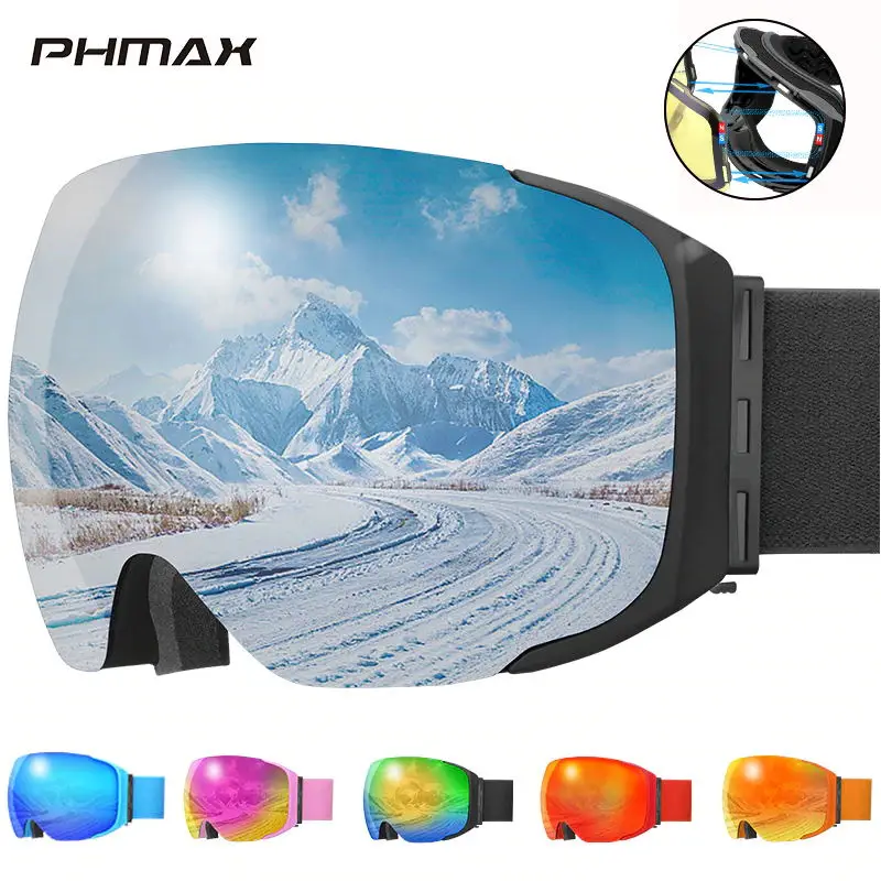 PHMAX Winter Ski Goggles Magnetic Double Layer Anti-Fog Ski Glasses Anti-Glare Snowboard Glasses Anti-UV Protective Ski Mask