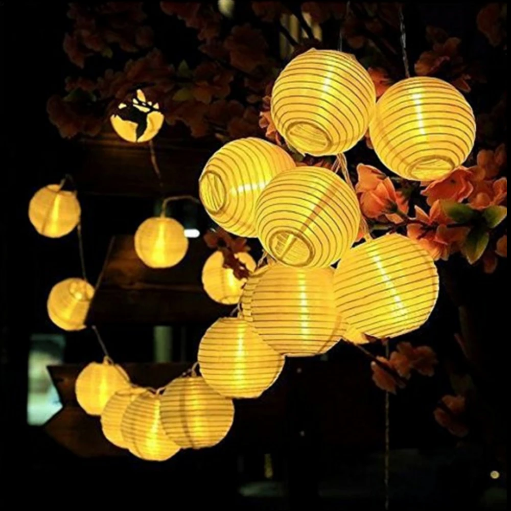 Solar Lantern String Lights Paper Lantern Solar Garland Light Outdoor Christmas Garden Backyard Balcony Lantern Ball Lamp