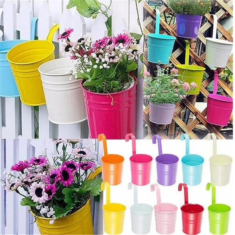 New 10 Pcs Metal Iron Hanging Planters Balcony Garden Plant Pots Bucket Flower Pot Holders For Wall Vase Fence Window Home Decor