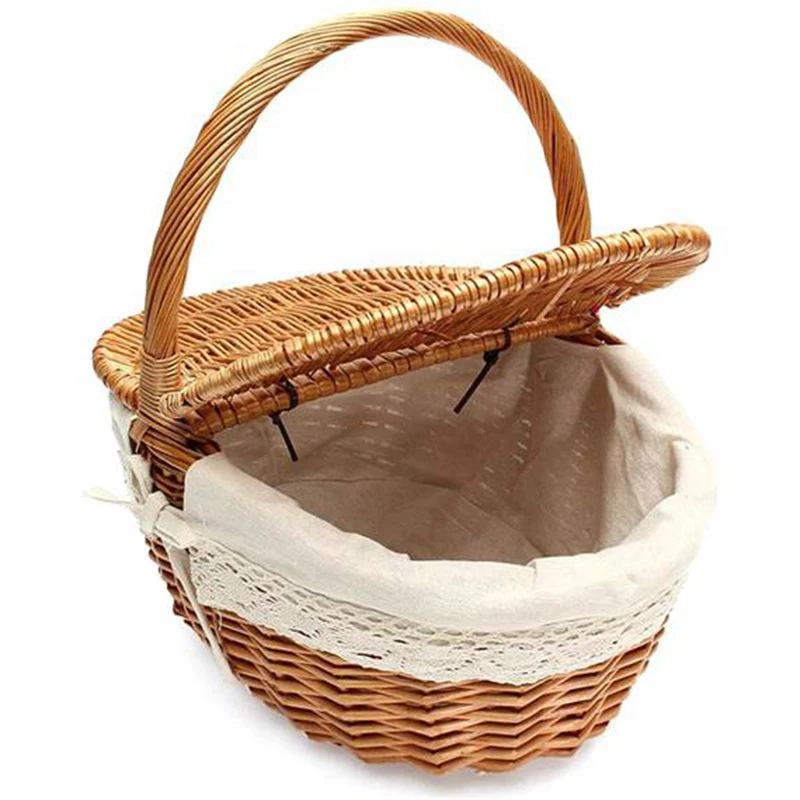 Handmade Wicker Basket with Handle Wicker Camping Picnic Basket with Double Lids Storage Hamper Basket with Cloth Lining