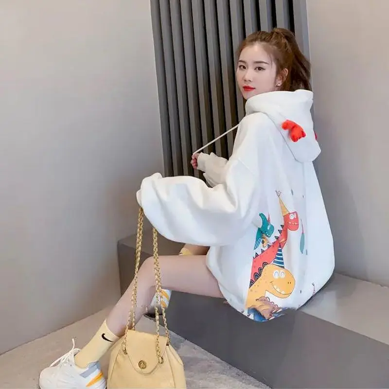 2024 Autumn Winter New Hoodies Women Korean Plus Velvet Thick Hooded Jackets Women Student Loose Cartoon Calf Horn Kawaii Hoodie