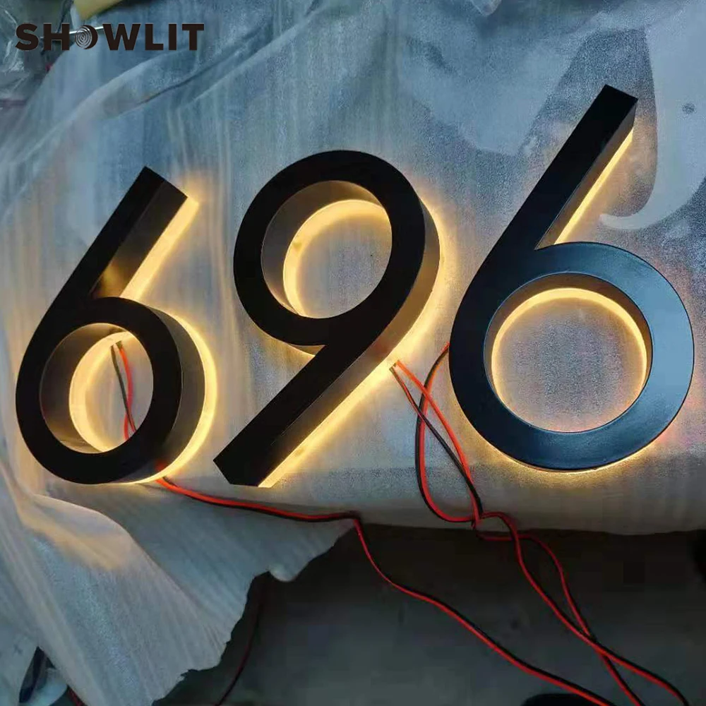 

10-дюймовое высокое освещение, домашний номер, окрашенный в черный цвет, с подсветкой, номера дома, винты, установленные светодиодные ореол, освещенные номера, доступны на заказ