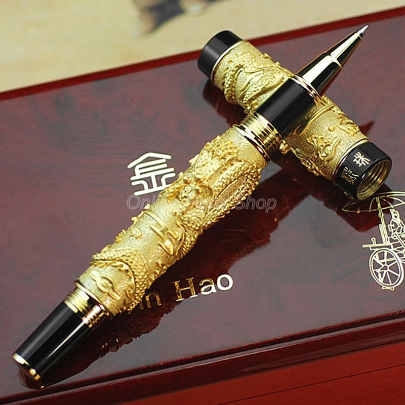 

No Gift Box Jinhao Classic Double Dragon Playing Pearl, Metal Carving Embossing Heavy Pen Golden Writing Gift Roller Ball Pen