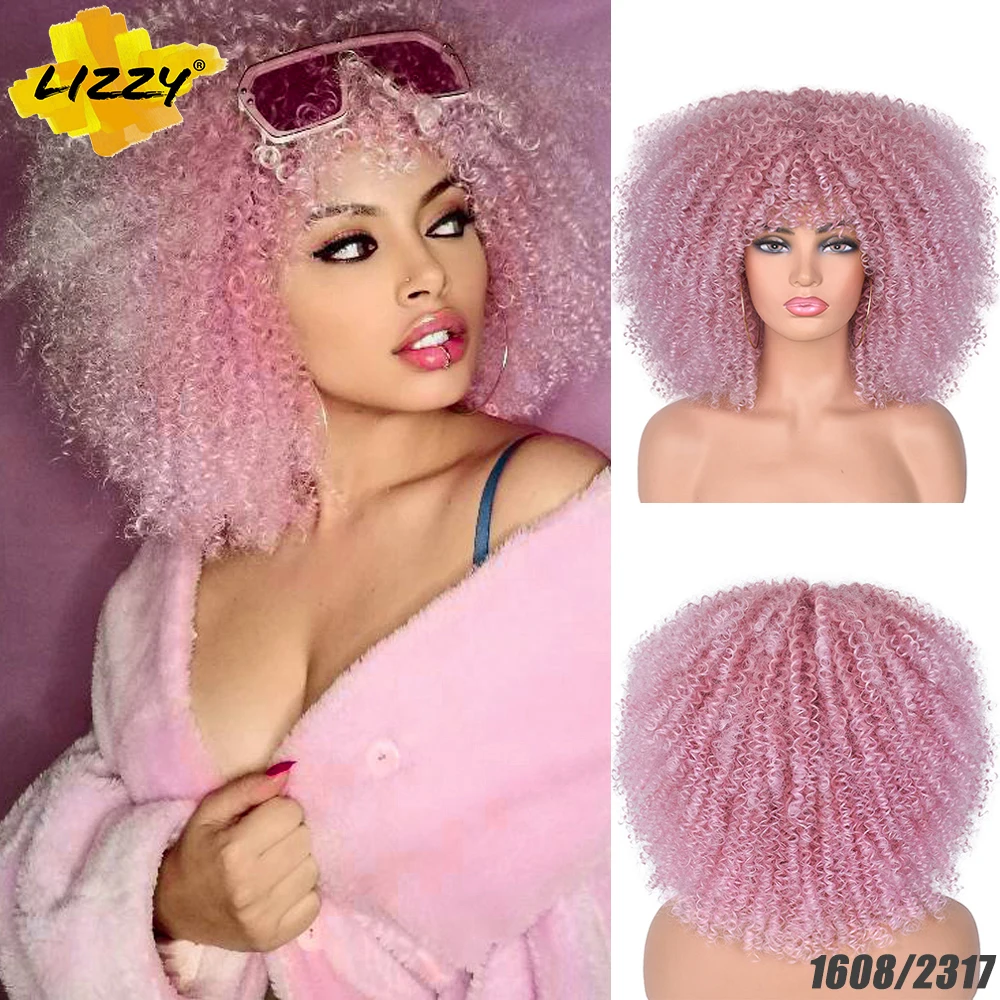 

Short Hair Afro Kinky Curly Wigs With Bangs For Black Women Pink Synthetic Omber Glueless Cosplay Wigs High Temperature Lizzy