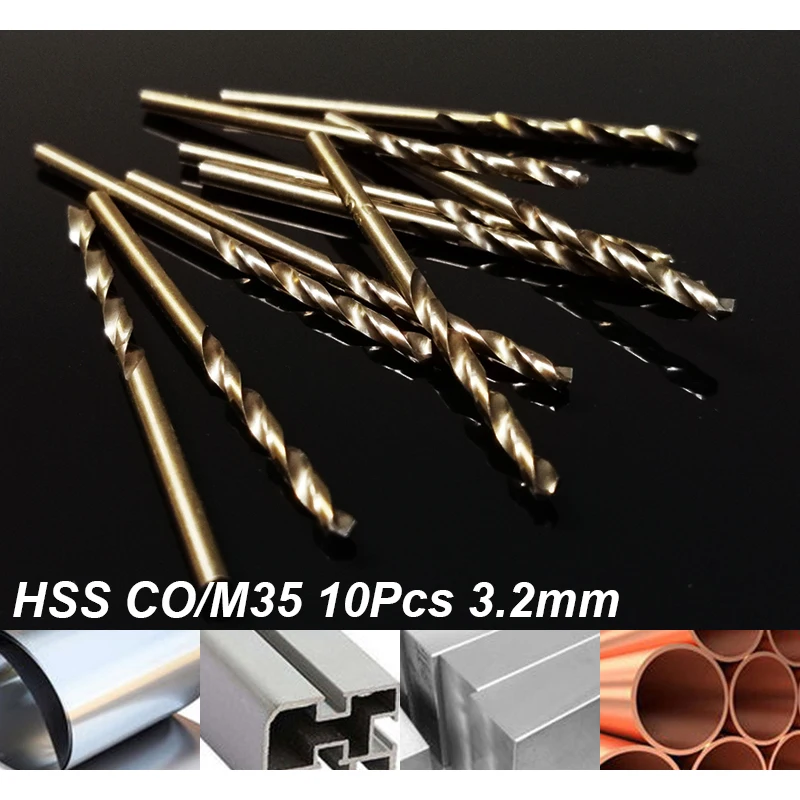 Juego de brocas helicoidales HSS CO/M35 de 3,2 MM, 10 piezas, cortador de agujeros de acero inoxidable, herramientas de Metal para todo el suelo, Kit de herramientas manuales DIY