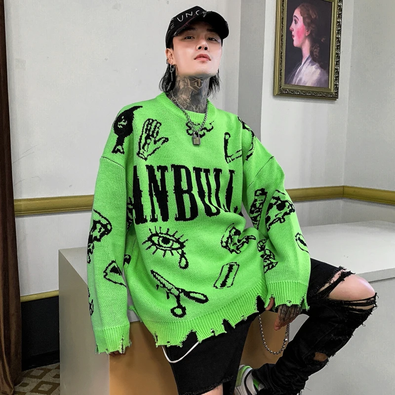 Punk Style Oversized Sweater Men Red Green Yellow