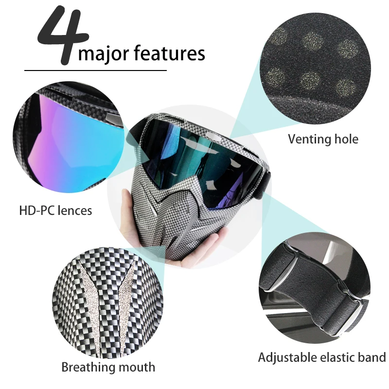 Mosodo Ski Goggles Motorcycle Goggles with Removable Face Mask for Men Women Skiing Sunglasses Snowmobile Anti-fog Eyewear