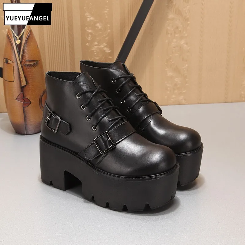 

Winter New Biker Thick Platform Shoes Womens Ankle Boots Genuine Leather Boots Gothic Punk High Top Buckle Block High Heel Shoes