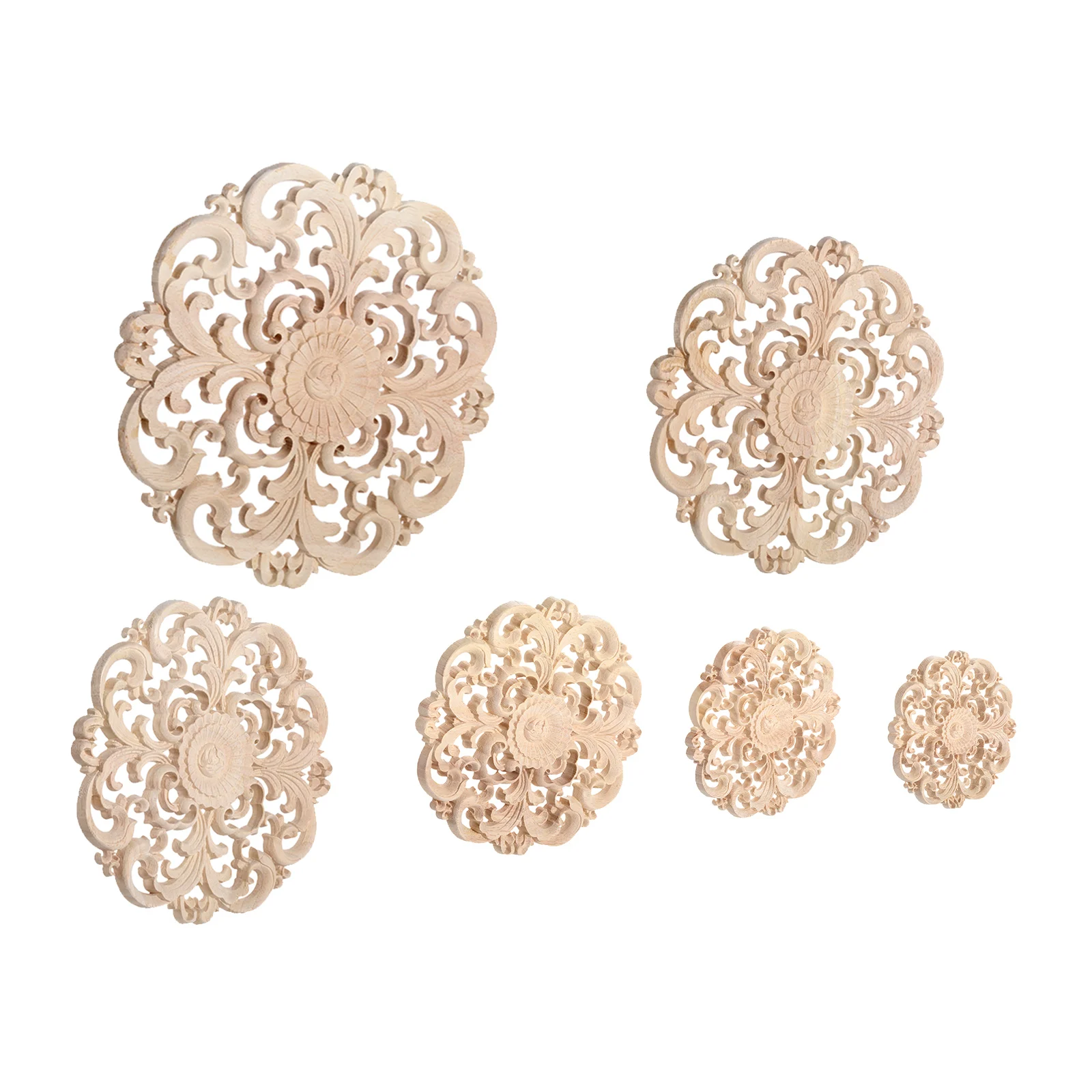 

1PC Round Flower Wood Carving Decal Unpainted Disc Onlay Decor Door Furniture Symmetrical European Court Exquisite Vintage Style