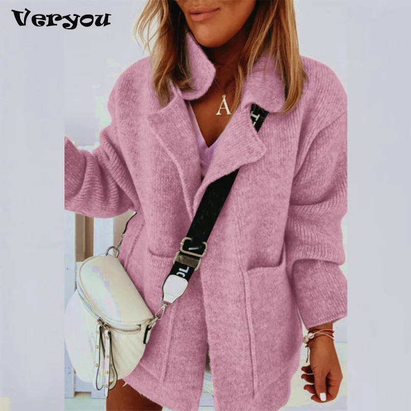 Women Elegant Solid Color Knitted Sweater 2023 Winter Autumn Long Sleeve Thick Sweaters Ladies Turn-Down Collar Cardigan Coat XL