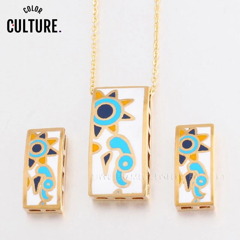 Color Culture Filled Gold-color Jewelry Sets for Women Flower Design Shape  Enamel Vintage Jewelry Set (Necklace, Earring)