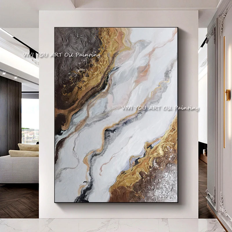 The Abstract Modern Top Sales Hand-painted Original Thick Oil Painting Home Decor Canvas Wall Art Beach Gold Gray Sea Waves