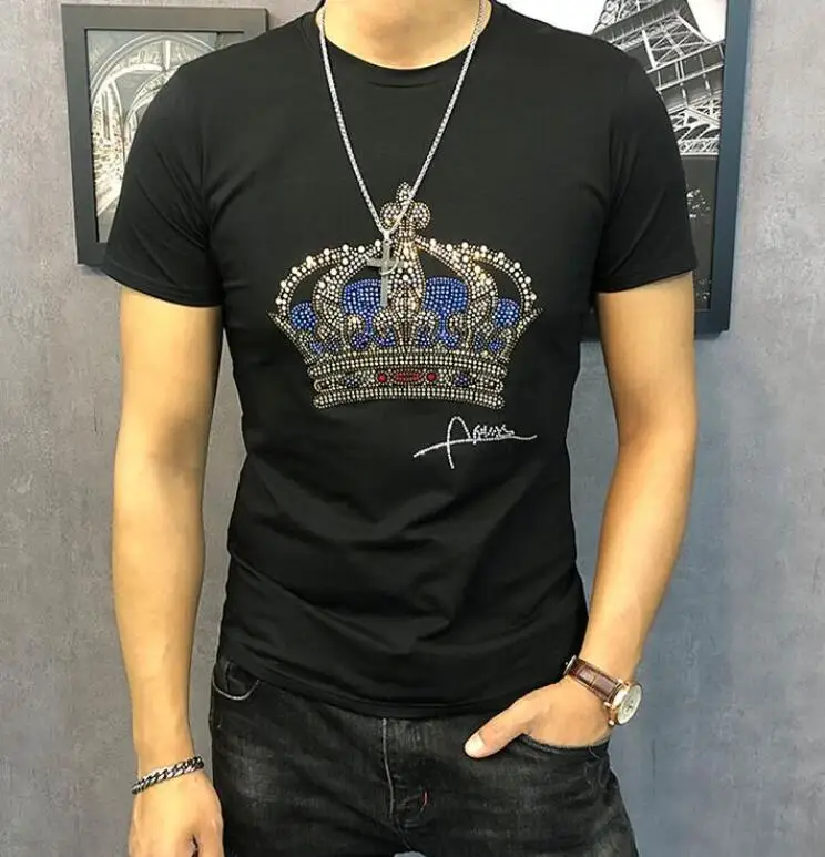 M-5XL Skull Rhinestones T Shirts Men Summer top tees O Neck Slim fit Tshirts high quality