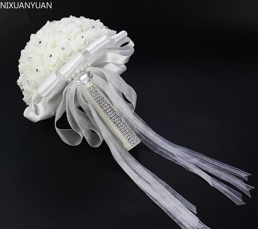 Atacado acessórios de casamento bouquets feitos à mão flor rosa strass dama de honra casamento nupcial bouquet de mariage