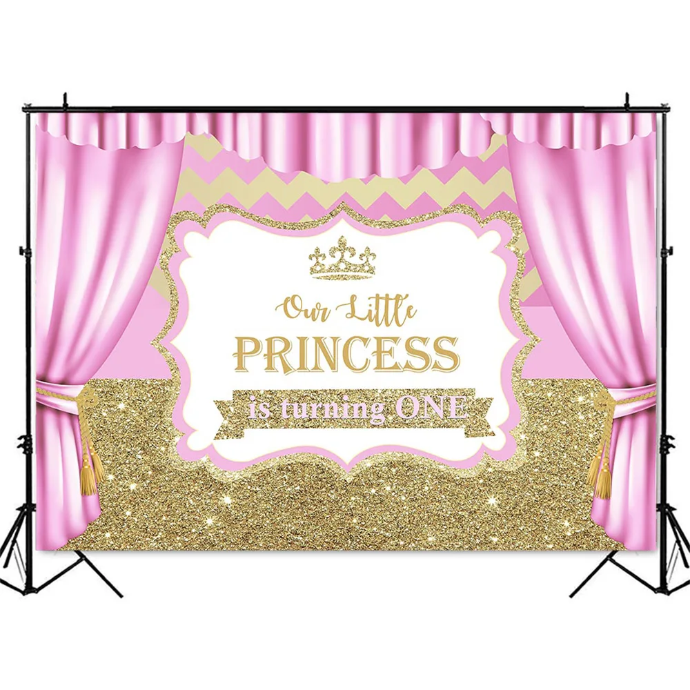 1st วันเกิดสีชมพู Curtrain พื้นหลัง Gold Glitter เจ้าหญิงน้อยฉากหลังสำหรับทารกแรกเกิด Photoshoot ภาพฉากหลัง